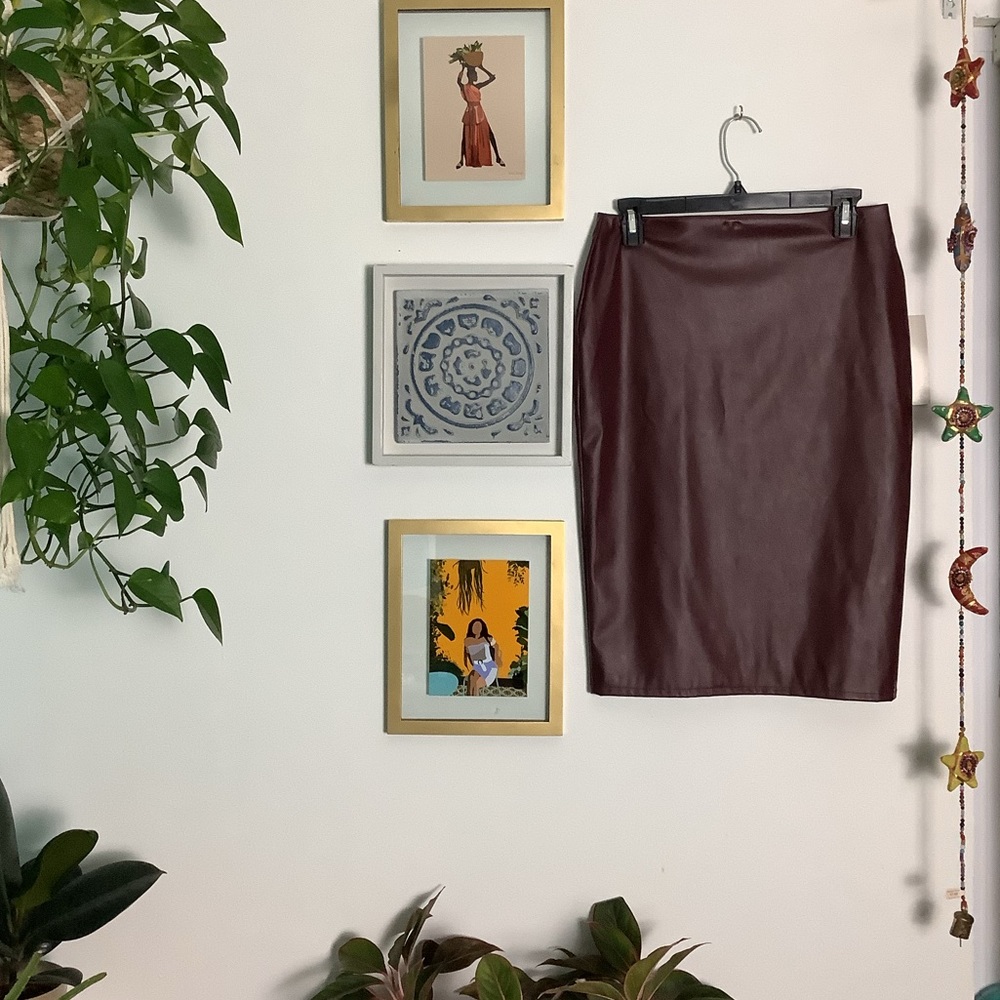 Burgundy Faux Leather Midi Skirt